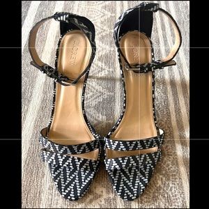 Jcrew open toed heels in black & white Aztec print leather, size 7.5, EUC